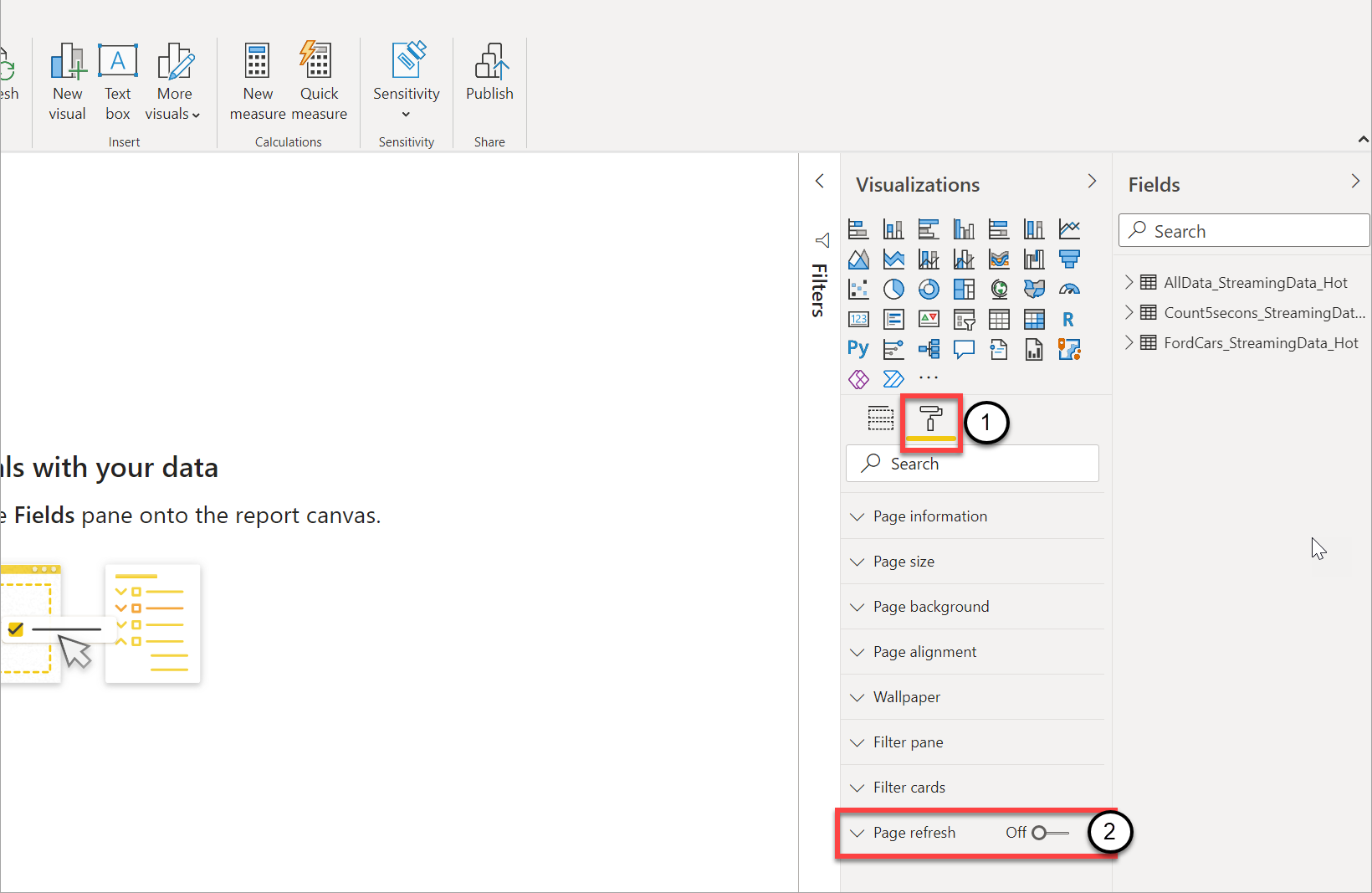 Snímek obrazovky znázorňující výběry pro zapnutí automatické aktualizace stránky