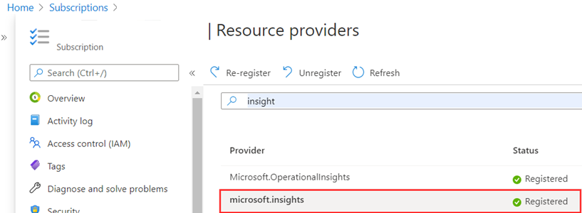 Screenshot of resource providers in the main pane with Microsoft.insights is registered.