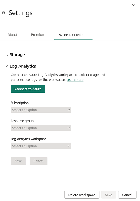 Screenshot of the Azure connections tab open in the settings pane, Log Analytics is expanded.
