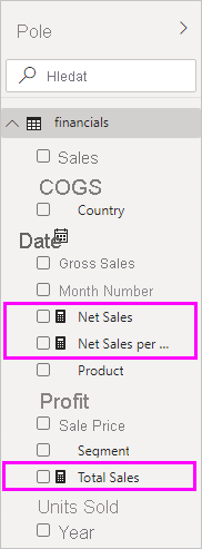 Screenshot of Measure fields in the Fields pane.