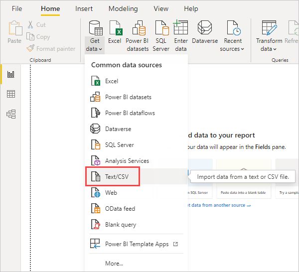 Snímek obrazovky s pásem karet Načíst data v Power BI Desktopu, zobrazující výběr CSV.