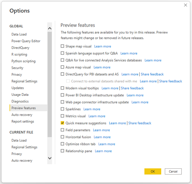 Screenshot of how to enable preview from the options menu of Power BI Desktop.