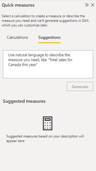 Screenshot of how to access the feature from the suggestions tab of the Quick measure pane.