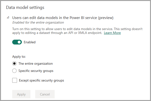 Snímek obrazovky s nastavením portálu pro správu, které je povolené pro úpravy datových modelů ve službě
