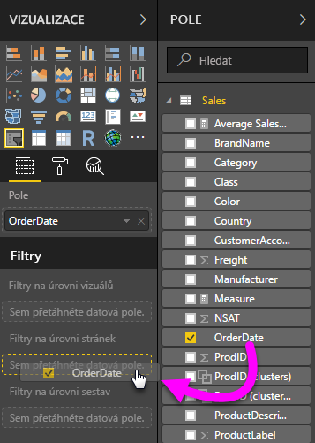 Screenshot showing the Date field highlighted in the Fields pane and the Date field highlighted in the 'Filters on this page' well.