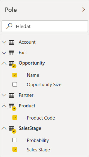 Screenshot showing the selection of the Name, Product Code, and Sales Stage fields.