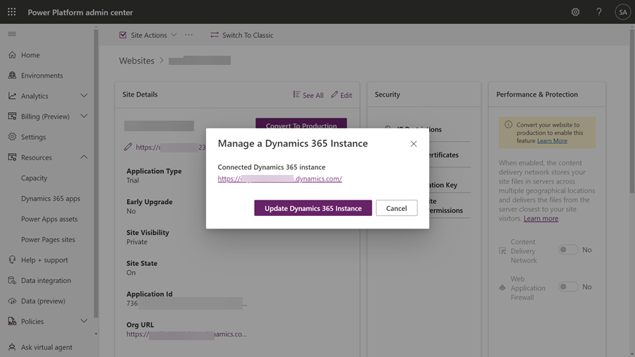 Aktualizace instance Dynamics 365.