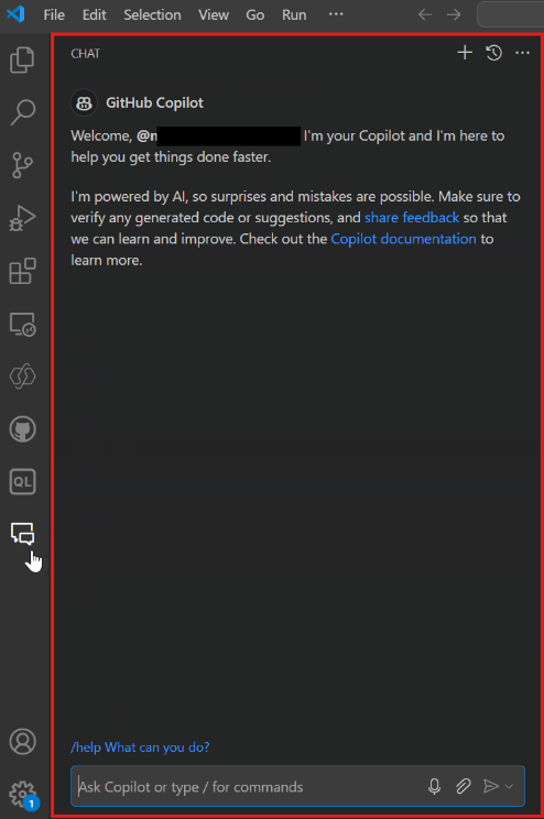 Screenshot chatového rozhraní GitHub Copilot ve Visual Studio Code.