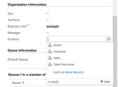 Screenshot, který ukazuje, jak přidat uživatele na pozici v zabezpečení hierarchie