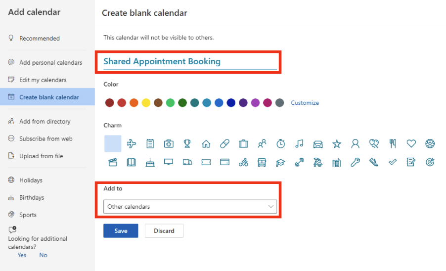 Snímek obrazovky s nastavením sdíleného kalendáře aplikace Outlook pro rezervace schůzek.