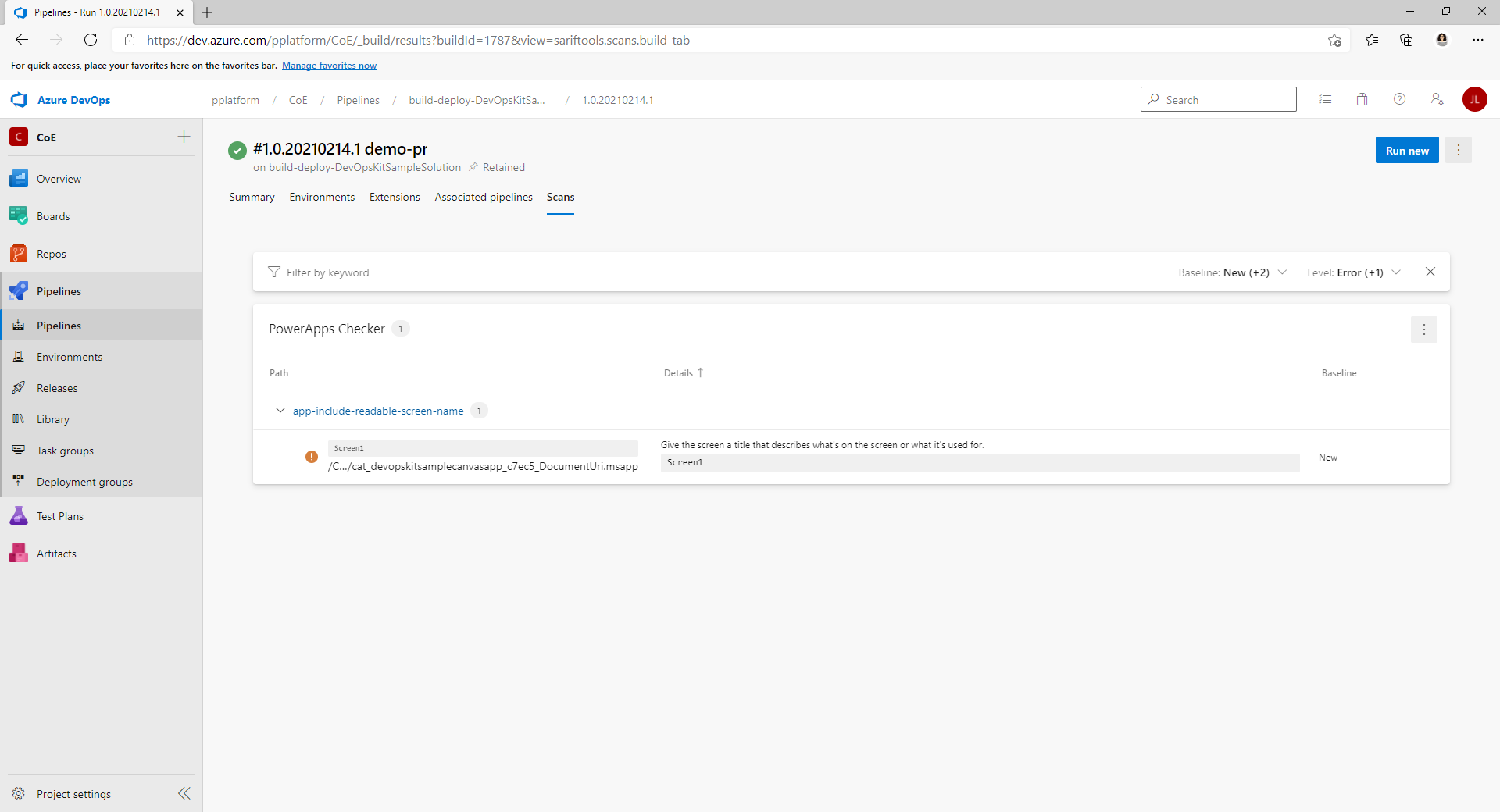 Snímek obrazovky karty SARIF SAST Scans v Azure DevOps.