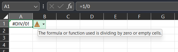 Excelová tabulka s A1=1/0 a #DIV/0! zobrazenými v buňce