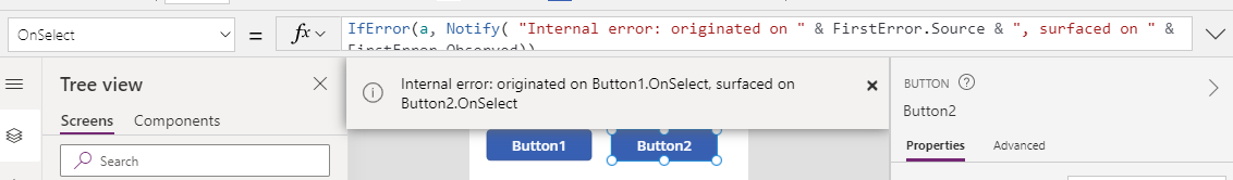 Ovládací prvek Button aktivován, zobrazuje oznámení funkce Notify.