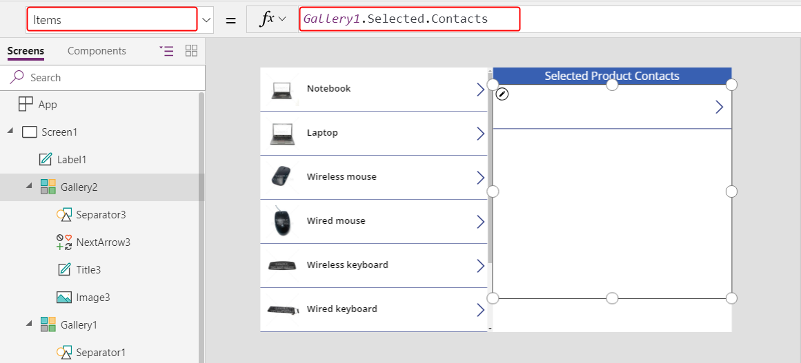 Konfigurace ContactsGallery - vlastnost Items.