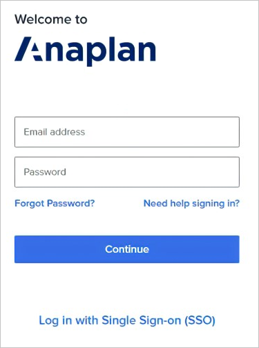 Dialogové okno Anaplan s uživatelským jménem a heslem spolu s přihlášením přes jednotné přihlašování v dolní části