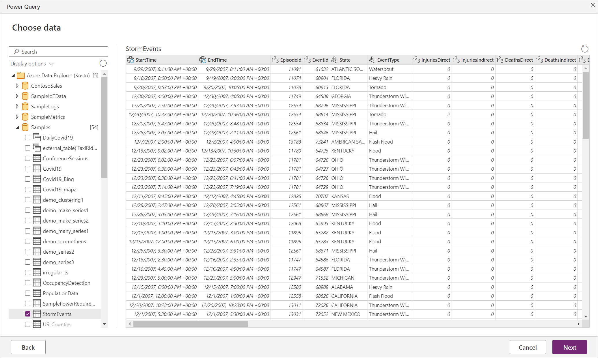 Snímek obrazovky se stránkou Zvolit data obsahující data z StormEvents v databázi Ukázky