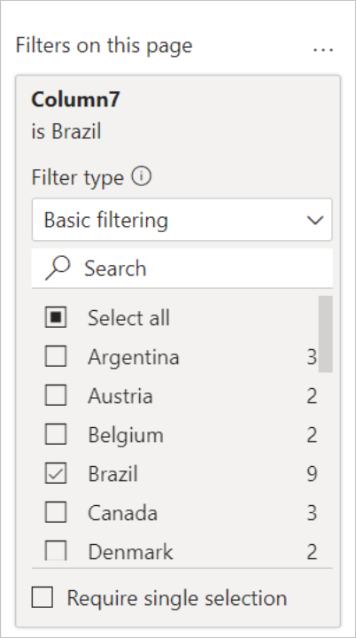Snímek obrazovky s filtry v tomto podokně stránky s vybranou Brazílií jako země nebo oblast, která se má zobrazit