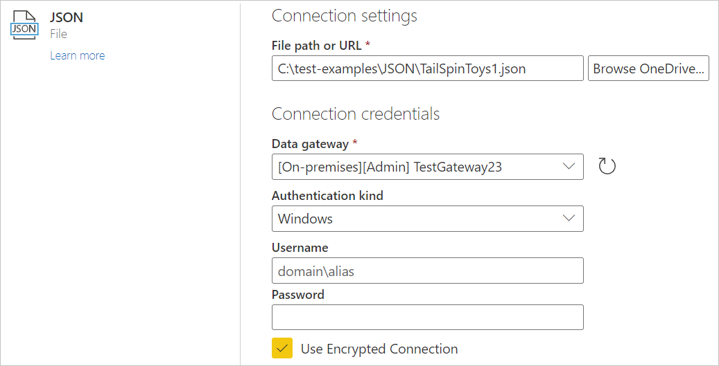 Obrázek dialogového okna nastavení připojení JSON z online služby se zobrazenou cestou k souboru, bránou dat a typem ověřování Systému Windows