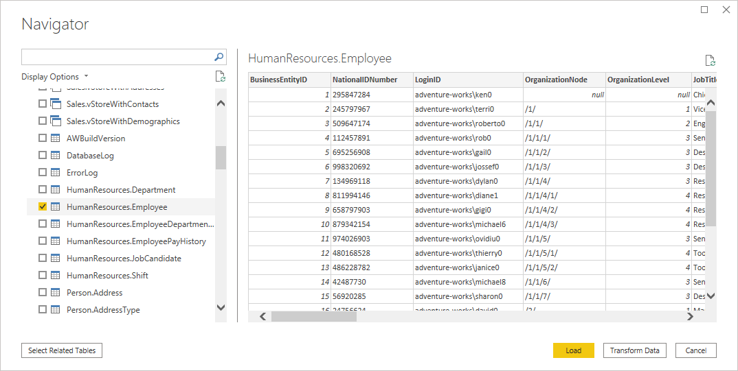Power Query Desktop Navigator zobrazující data zaměstnanců lidských zdrojů v databázi PostgreSQL