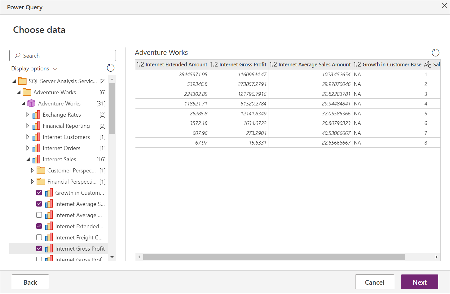 Power Query Online Navigator showing some Financial Perspective data.