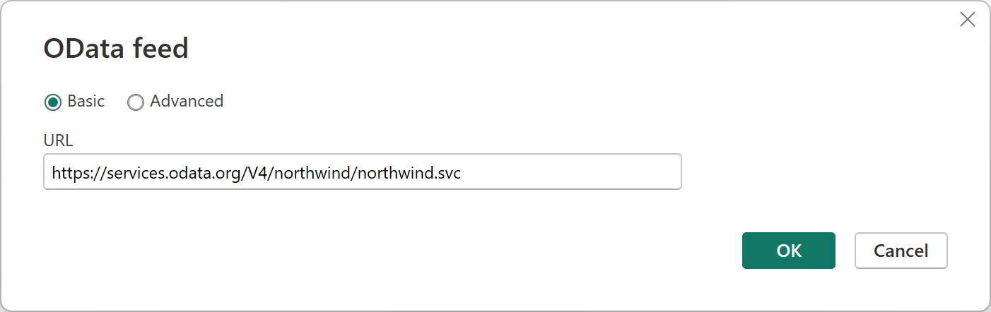 Snímek obrazovky s dialogovým oknem Získat data datového kanálu OData se zadaným webem Northwind jako adresou URL