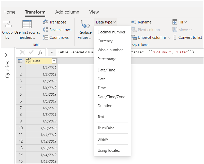 Data type menu on the Transform tab.