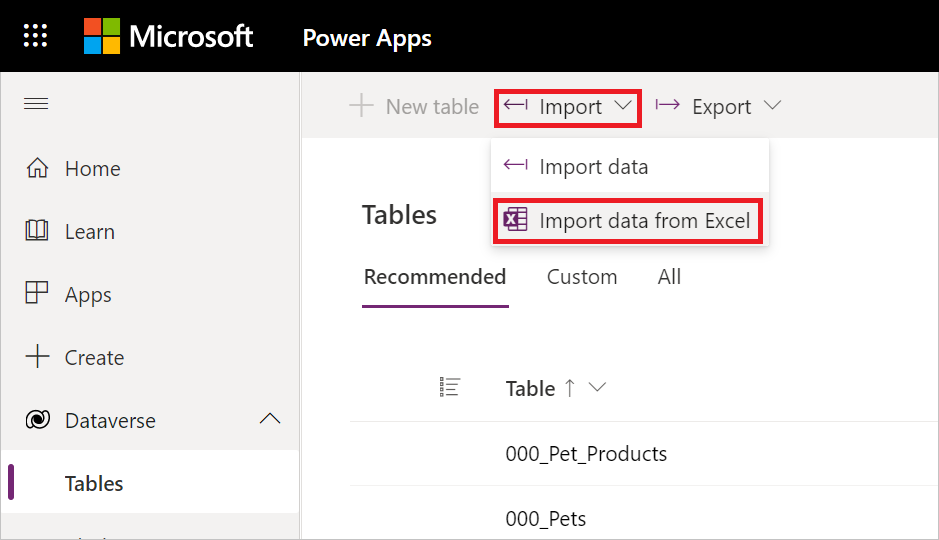 Image with Dataverse tables open, the import context menu open, with the import data from Excel option emphasized.