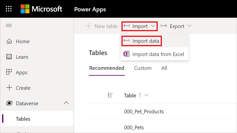 Screenshot with Dataverse tables open, the import context menu open, with the import data option emphasized.