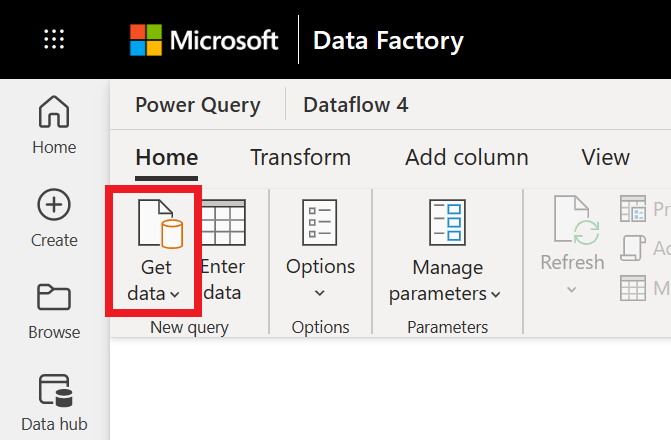 Screenshot showing the Power Query workspace with the Get data option emphasized.