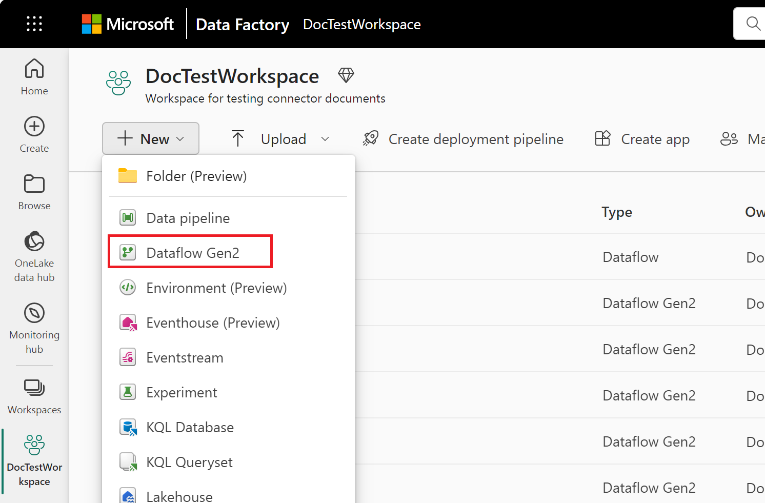 Screenshot showing the workspace where you choose to create a new dataflow.