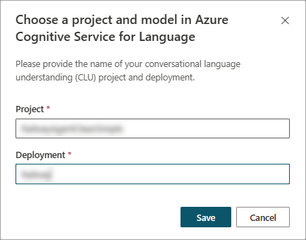 Vyberte projekt a model v Azure Cognitive Service for Language.