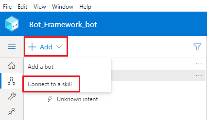 Screenshot aplikace Bot Framework Composer ukazující, jak připojit robota Bot Framework k dovednosti.