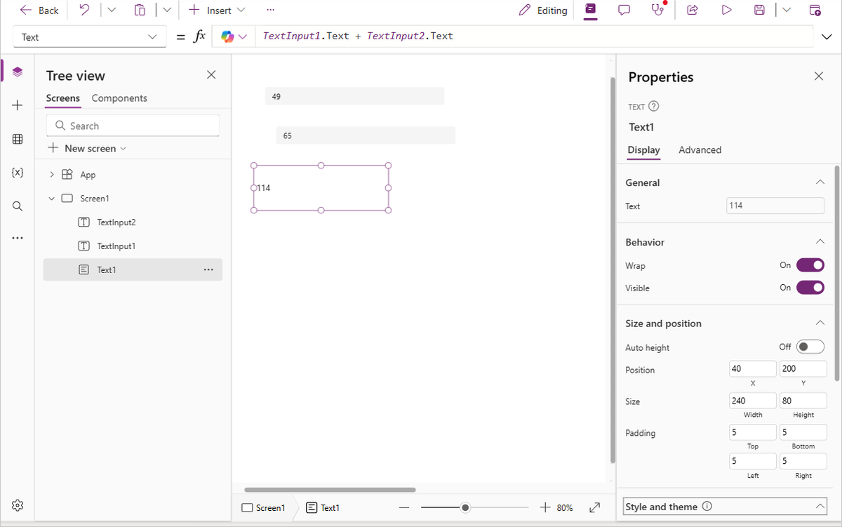 Obrázek přepočítání součtu dvou čísel v Power Apps.