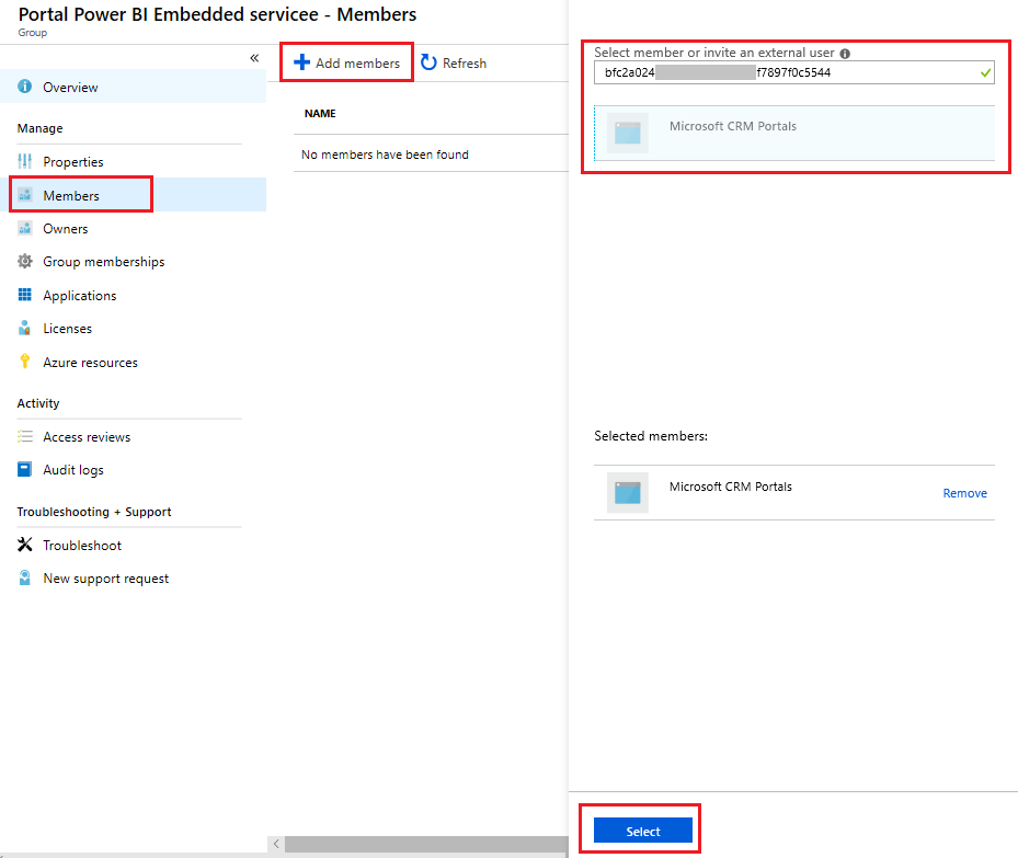 Přidání člena ve skupině zabezpečení pro službu Power BI Embedded Přidejte člena do skupiny zabezpečení pro službu Power BI Embedded.