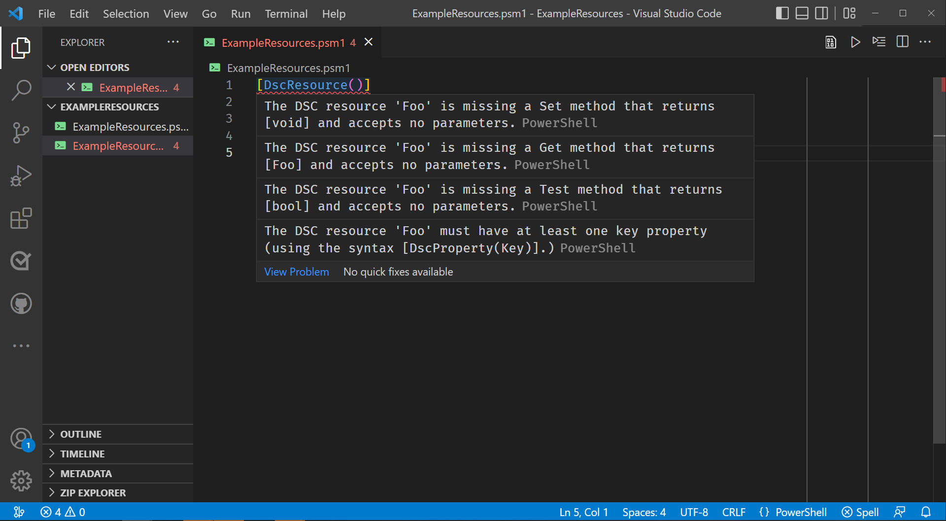 Snímek obrazovky s upozorněními atributu DSCResource ve VS Code