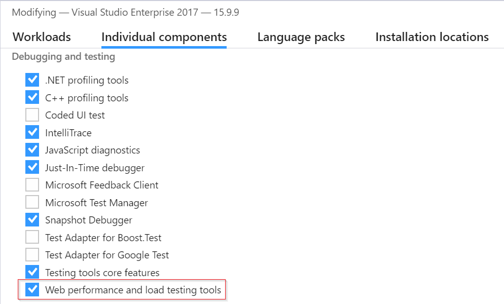 Snímek obrazovky znázorňující uživatelské rozhraní instalačního programu sady Visual Studio s jednotlivými komponentami vybranými zaškrtávacím políkem vedle položky pro nástroje pro výkon a zátěžové testování webu