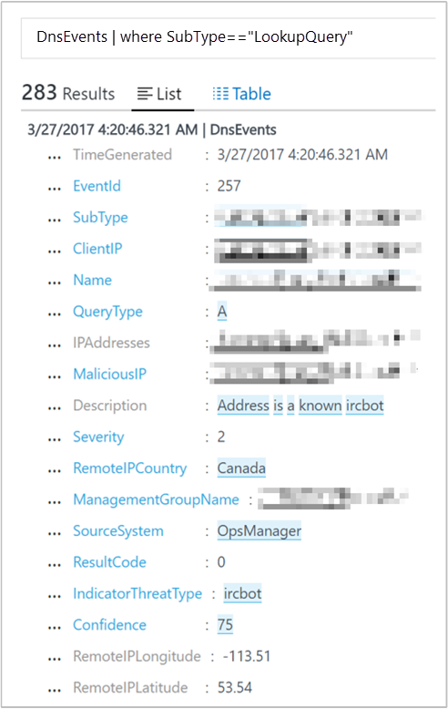 Snímek obrazovky s výsledky prohledávání protokolu zobrazující ircbot