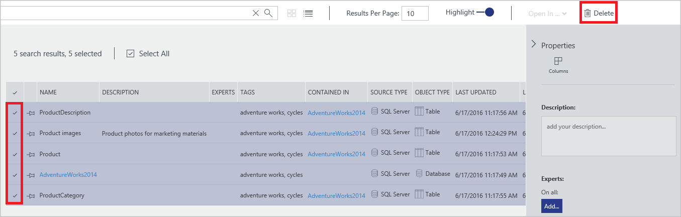 Azure Data Catalog – odstranění více datových prostředků