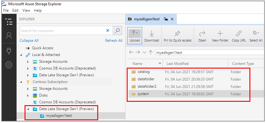 Zobrazuje hlavní podokno s vybraným účtem Data Lake Storage Gen1 a seznamem složek v účtu.