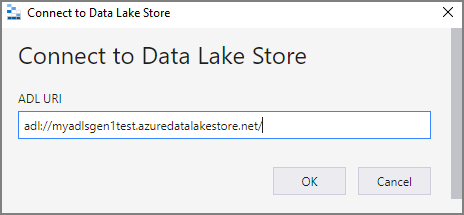 Snímek obrazovky s dialogovým oknem Připojit ke službě Data Lake Store s textovým polem pro zadání identifikátoru URI