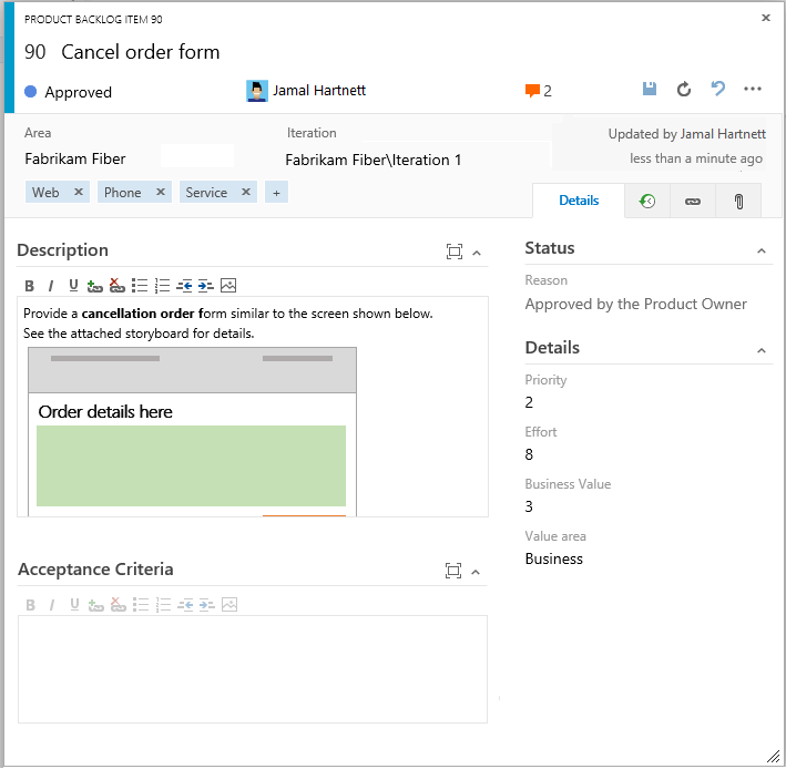 Product backlog item work item form