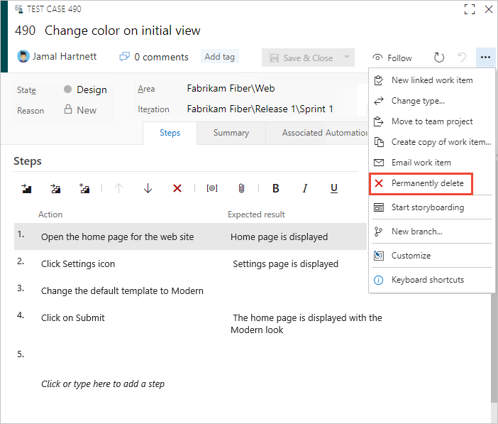 Delete a test case and associated test artifacts from the web form