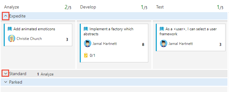 Screenshot of Kanban board, Collapsed swimlanes.