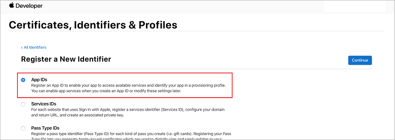 Registrace nové stránky ID na portálu zřizování pro iOS