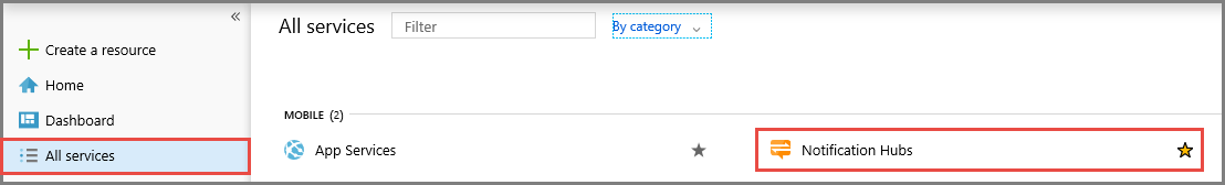 Azure Portal – vyberte Notification Hubs.