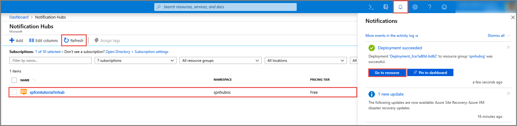 Azure Portal - oznámení -> Přejít k prostředku