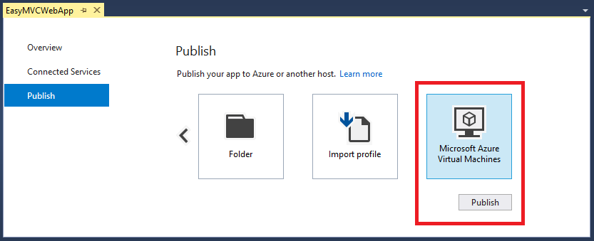 Stránka Publikování – ikona virtuálního počítače Microsoft Azure