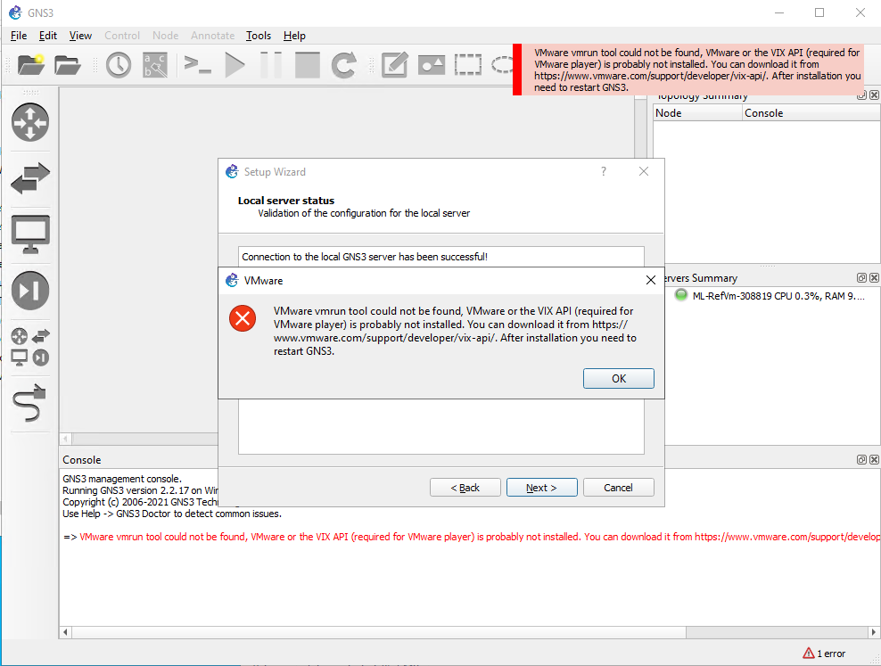 Snímek obrazovky s chybovou zprávou VMware v průvodci instalací GNS3