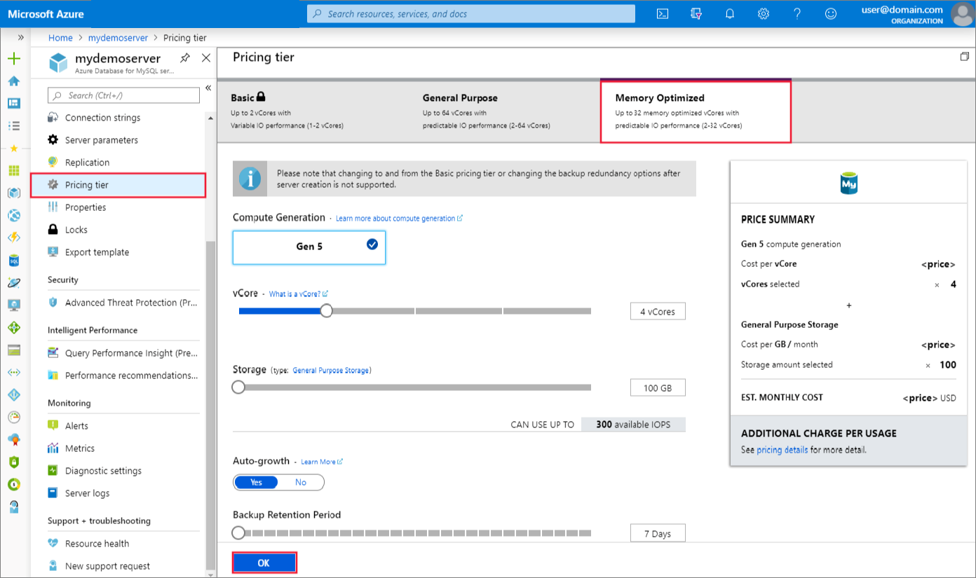 Snímek obrazovky webu Azure Portal pro výběr úrovně Basic, Pro obecné účely nebo Optimalizováno pro paměť ve službě Azure Database for MySQL