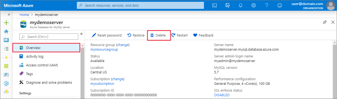 Snímek obrazovky webu Azure Portal pro odstranění serveru ve službě Azure Database for MySQL